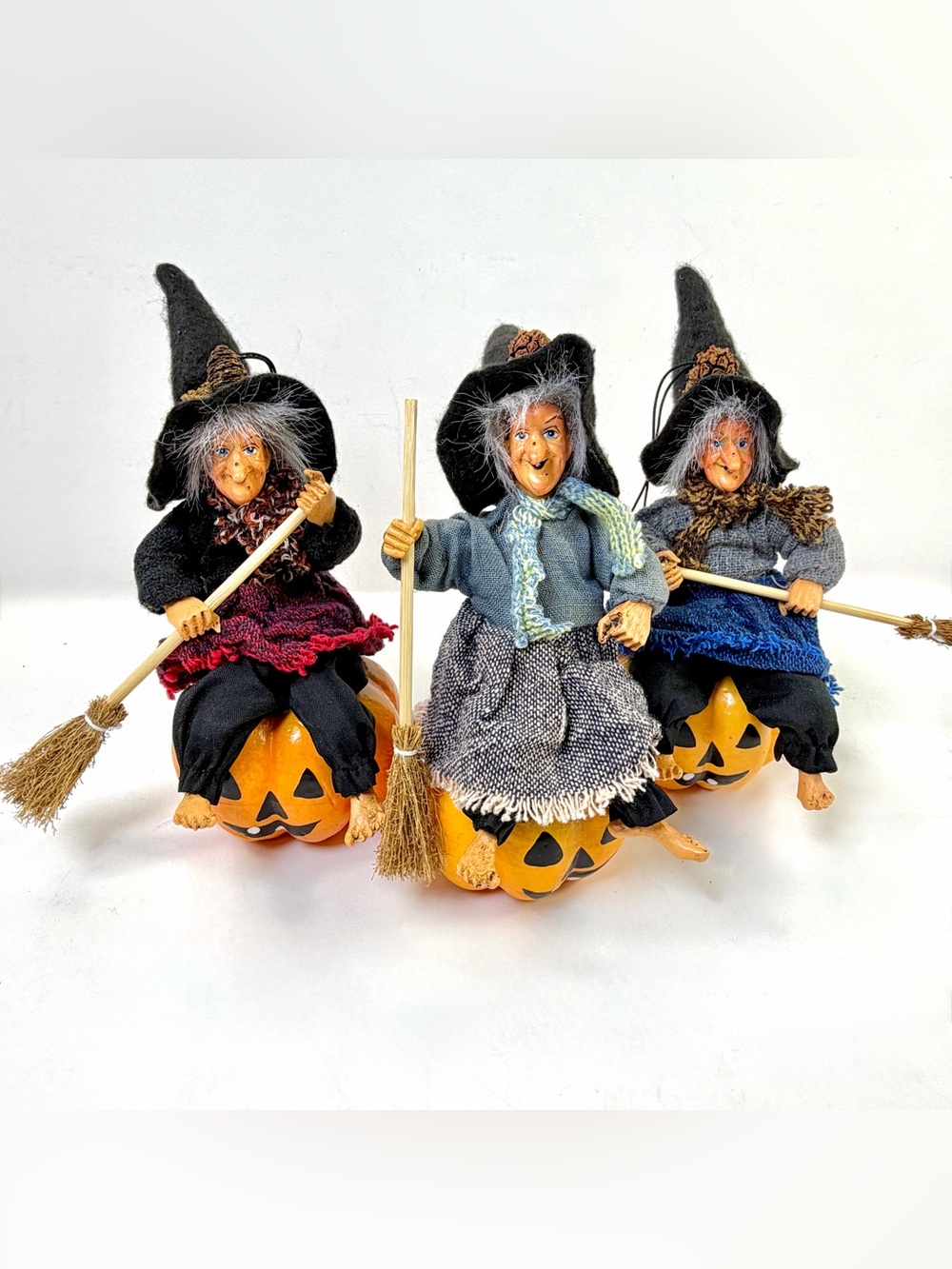 Vintage Halloween Pumpkin Witch Shelf Sitters Hanging Decor Set of 3 8”